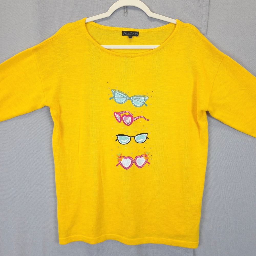 Bua Bua Women L‎ Yellow Sweater Embroidered Sunglasses Beaded Crew Neck Cotton